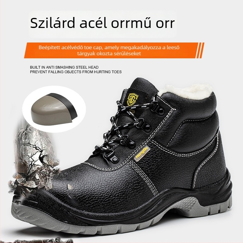Gravírozott marhabőr védőcipő téli fleece bélés, középmagas felsőrész, acél orr, ütésálló és áthatolás elleni védelem