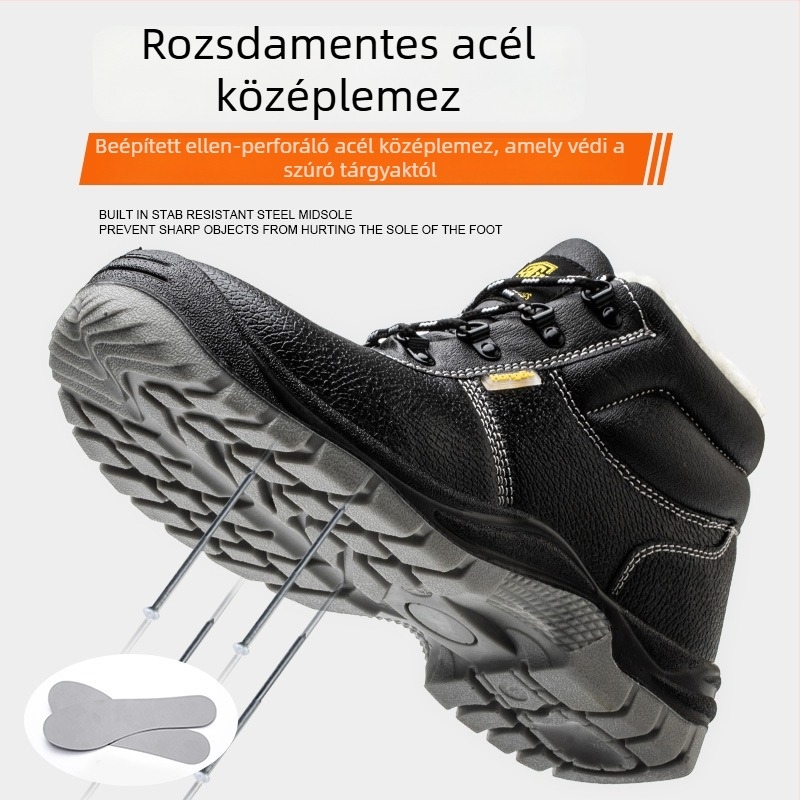 Gravírozott marhabőr védőcipő téli fleece bélés, középmagas felsőrész, acél orr, ütésálló és áthatolás elleni védelem