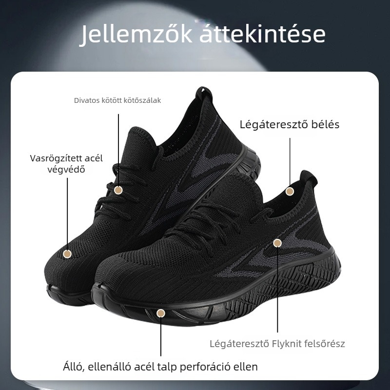 Biztonsági munkacipő acél orral, légző hálós felsőrésszel, könnyű, csúszásmentes és perforációval szemben védett