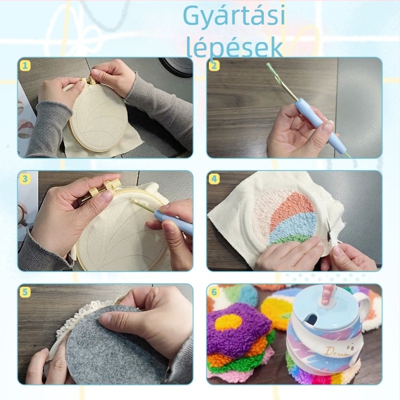 DIY punch needle hímző készlet bögréalátéthez, pamut-lin anyag, hőszigetelő alátét, minták: virágok/fű/levelek