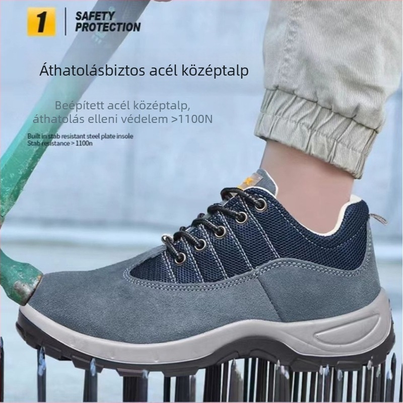 Légáteresztő munkavédelmi cipő velúr bőrből, kék hálós felsőrésszel, acélorrúval, szilárd talppal, kopásálló, ütés- és átszúrás elleni védelemmel