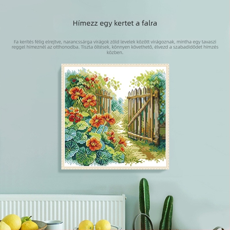 Keresztöltés készlet nappali dekorációhoz: kerítés melletti virágos tájkép, 14 ct vászon, ökológiai pamut, piros, modern minimalist stílus