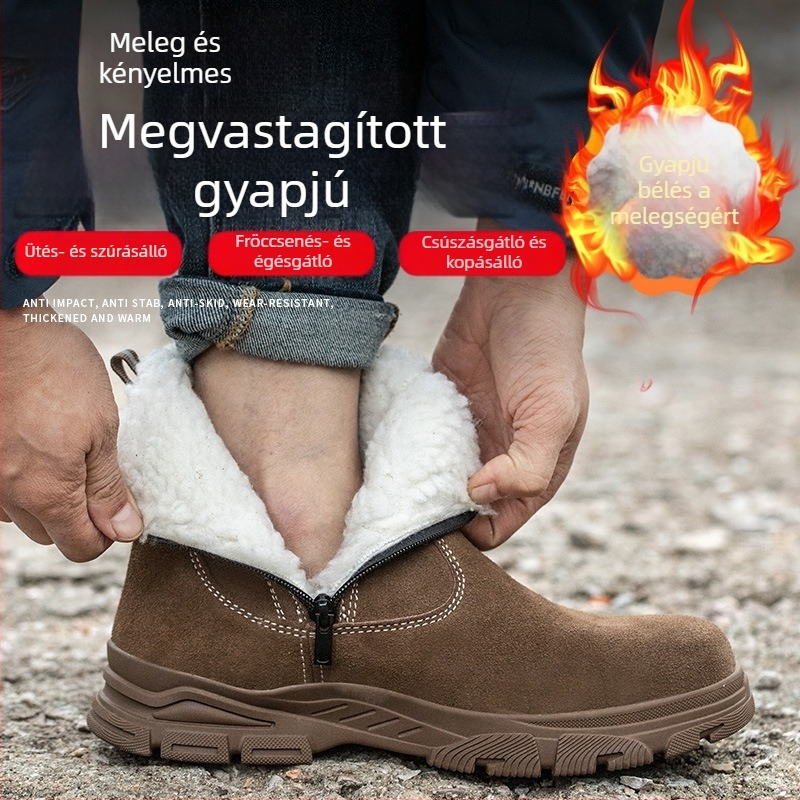 Téli középmagas biztonsági cipő acél orral, ütés- és átszúrás elleni védelemmel, fleece bélés, meleg és hidegálló, vastított, oldalsó cipzárral