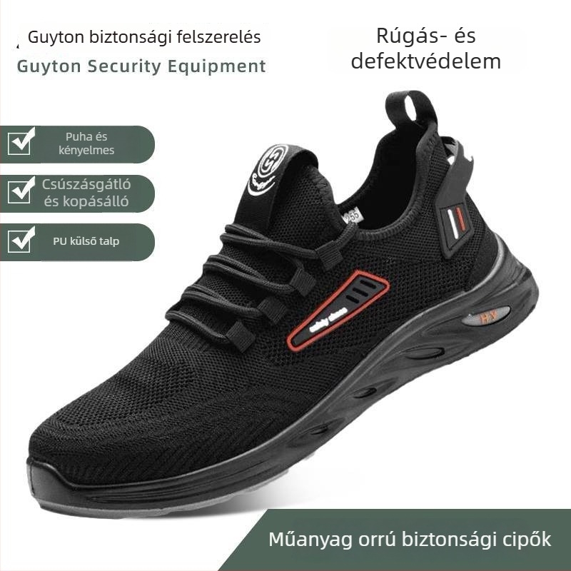 Fekete, légáteresztő hálós anyagú védőcipő műanyag orr-védelemmel, ütésálló és átszúrás elleni, alacsony profilú, 6KV elektromos védelem