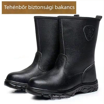 Valódi bőrből készült védőbakancs acél orral és acél talppal, olajmezői munkacipő, meleg gyapjú belsővel