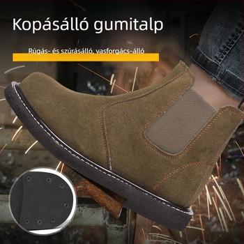 Vastag gumitalpú munkavédelmi bakancs természetes bőrrel, magas hőállóság, égési sérülések elleni védelem, vasdarabok és forgácsok ellenállása, perforáció és ütés elleni védelem, hegesztők számára