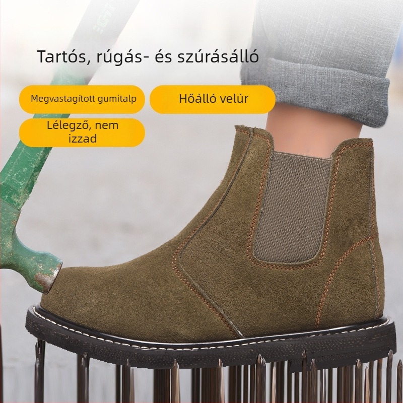 Vastag gumitalpú munkavédelmi bakancs természetes bőrrel, magas hőállóság, égési sérülések elleni védelem, vasdarabok és forgácsok ellenállása, perforáció és ütés elleni védelem, hegesztők számára