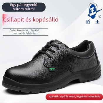 Férfi munkavédelmi cipő: ütésálló, csúszásmentes, kopásálló, olajálló; alacsony felső rész, felül gravírozott marhabőrből, anti-tűrés elleni