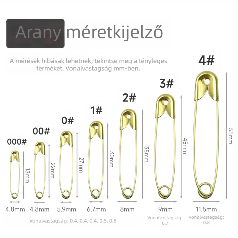 Ruha címke biztonsági tű, 18–55 mm, ezüst/arany/fekete, galvanizált vasból