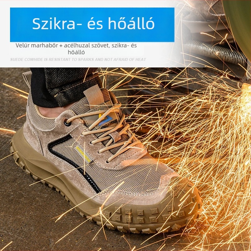 Négy évszakos biztonsági munkacipő velúr bőrrel, acélorrral, könnyű és kopásálló, gumitalp, építőipari használatra, ütés- és perforációálló