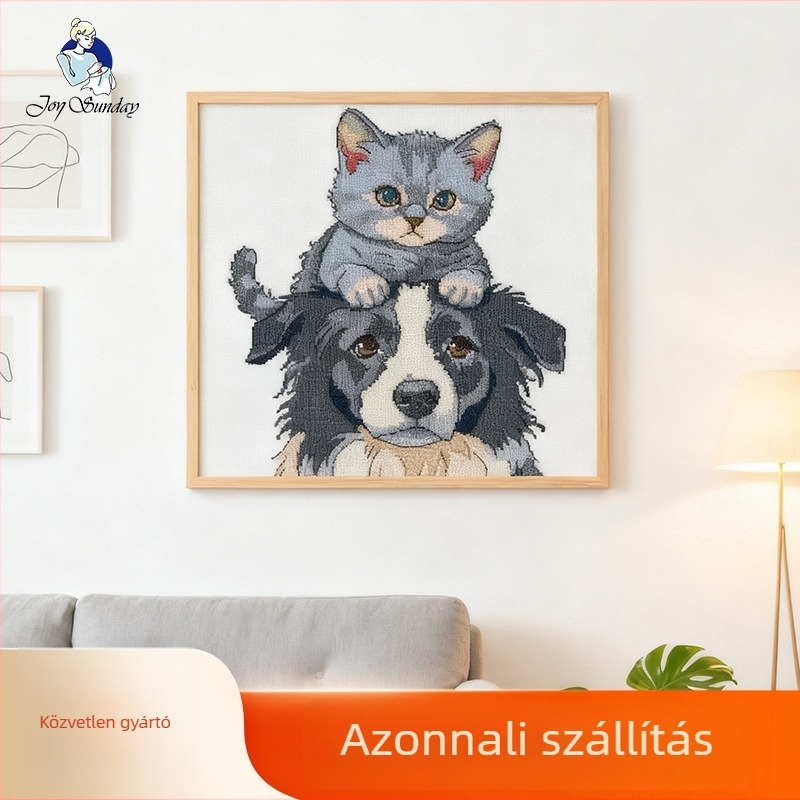 Keresztszemes készlet macskákkal és kutyákkal a nappalira és a hálószobára – DIY hímzés gyapotfonallal, 14 ct vászon, skandináv stílus