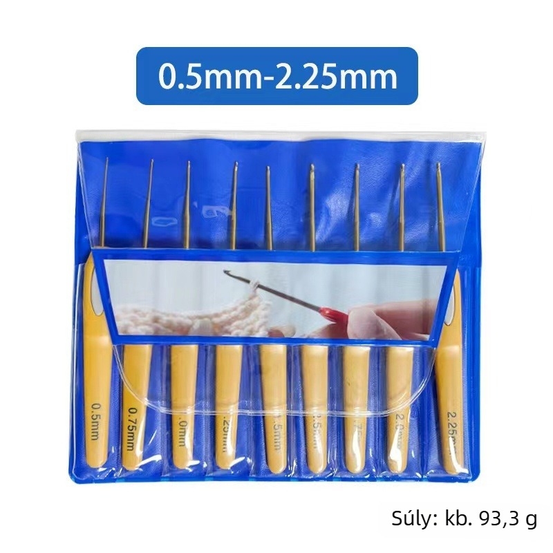 9 darabos puha markolatú horgoló készlet PVC horgolókákkal, különböző méretek, aranyozott végek