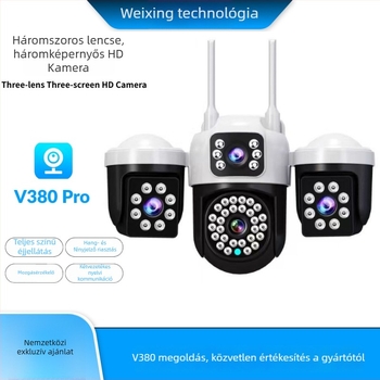 V380 vezeték nélküli Wi‑Fi megfigyelő kamera, távoli vezérléssel okostelefról, háromlencsés, háromnézetes