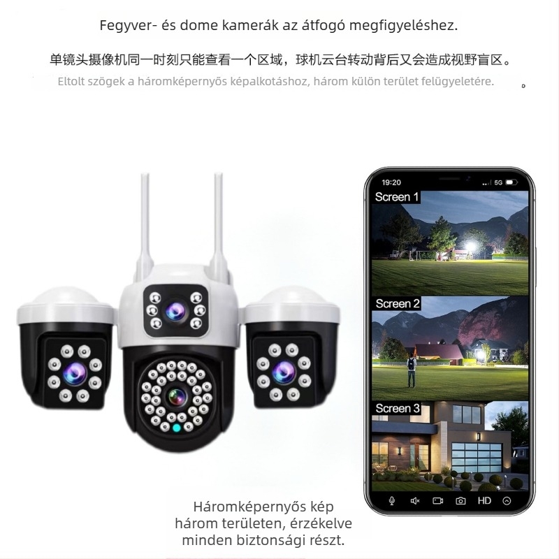 V380 vezeték nélküli Wi‑Fi megfigyelő kamera, távoli vezérléssel okostelefról, háromlencsés, háromnézetes