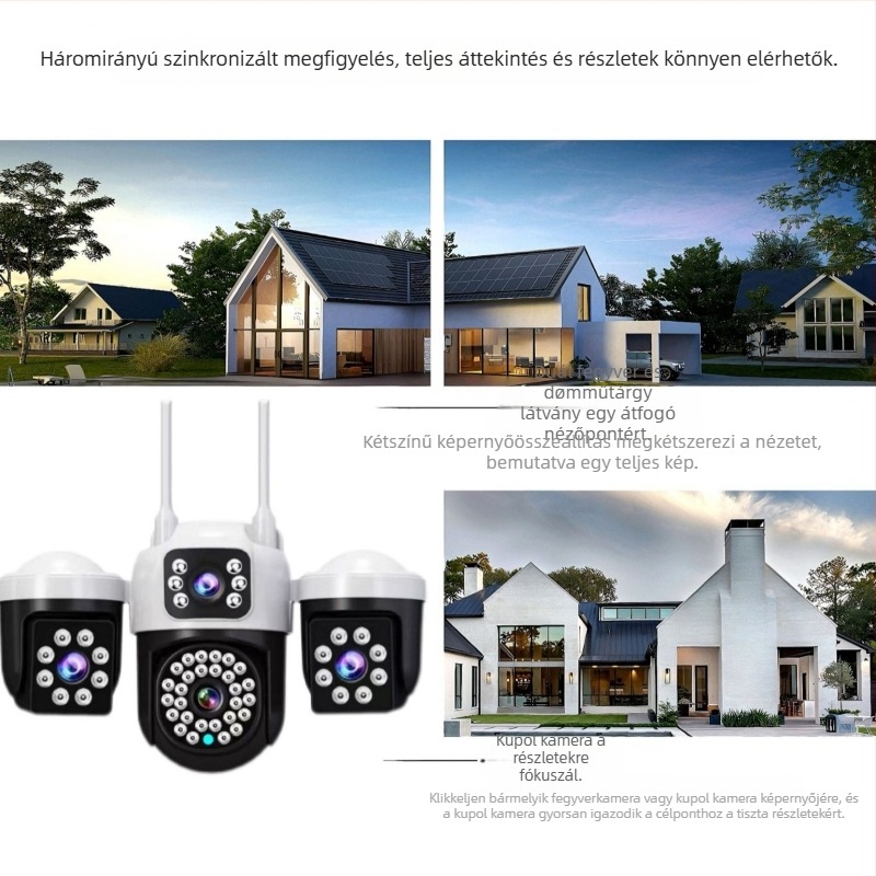 V380 vezeték nélküli Wi‑Fi megfigyelő kamera, távoli vezérléssel okostelefról, háromlencsés, háromnézetes