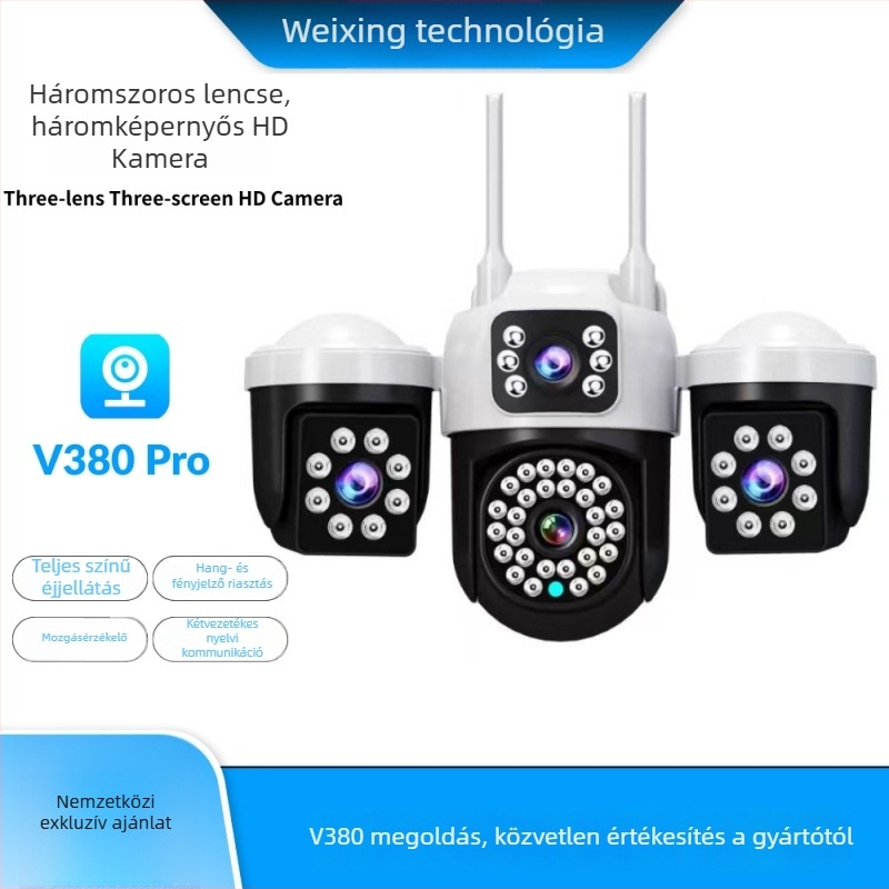 V380 vezeték nélküli Wi‑Fi megfigyelő kamera, távoli vezérléssel okostelefról, háromlencsés, háromnézetes