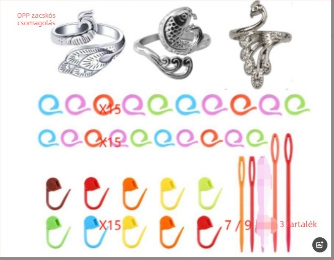 Kötéshez való készlet: nagy szemű horgolótű, nagy szemű ívelt tű és jelölő kapocs pulóverekhez