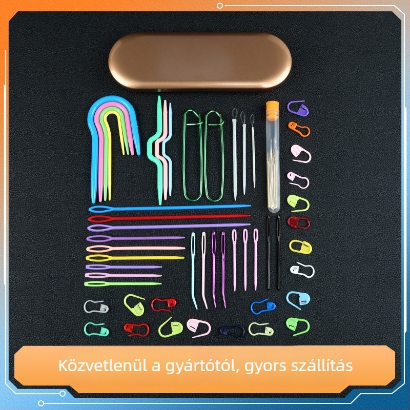 Kötéshez való készlet: nagy szemű horgolótű, nagy szemű ívelt tű és jelölő kapocs pulóverekhez