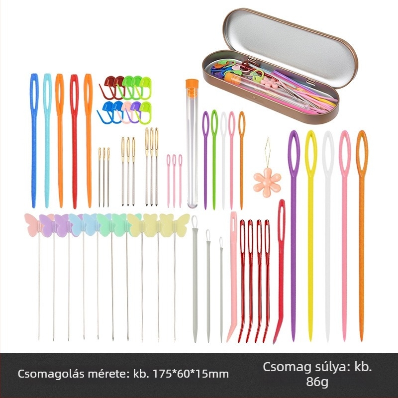 Kötéshez való készlet: nagy szemű horgolótű, nagy szemű ívelt tű és jelölő kapocs pulóverekhez