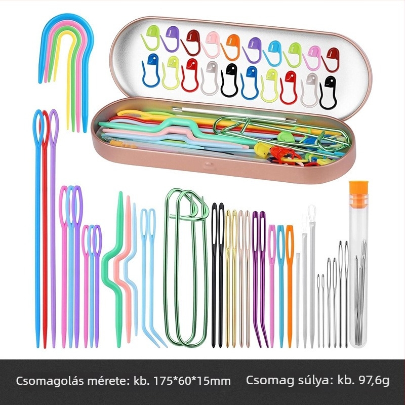 Kötéshez való készlet: nagy szemű horgolótű, nagy szemű ívelt tű és jelölő kapocs pulóverekhez