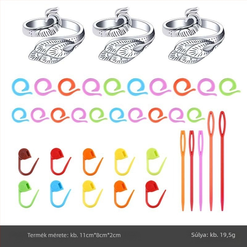 Kötéshez való készlet: nagy szemű horgolótű, nagy szemű ívelt tű és jelölő kapocs pulóverekhez