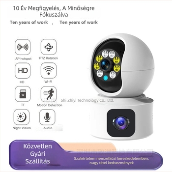 Beltéri Wi‑Fi megfigyelő kamera kettős objektívvel és távvezérléssel okostelefonról, PTZ: függőleges 120°, vízszintes 350°, forgási korlát 355°, sebességek 70°/s vízszintes és 30°/s függőleges