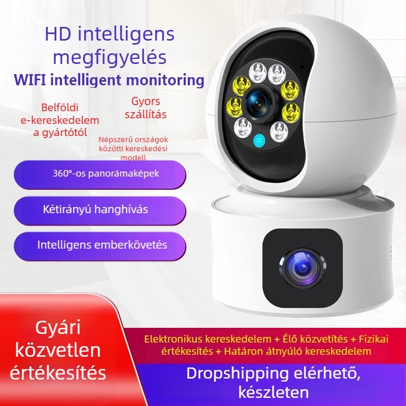Beltéri Wi‑Fi megfigyelő kamera kettős objektívvel és távvezérléssel okostelefonról, PTZ: függőleges 120°, vízszintes 350°, forgási korlát 355°, sebességek 70°/s vízszintes és 30°/s függőleges