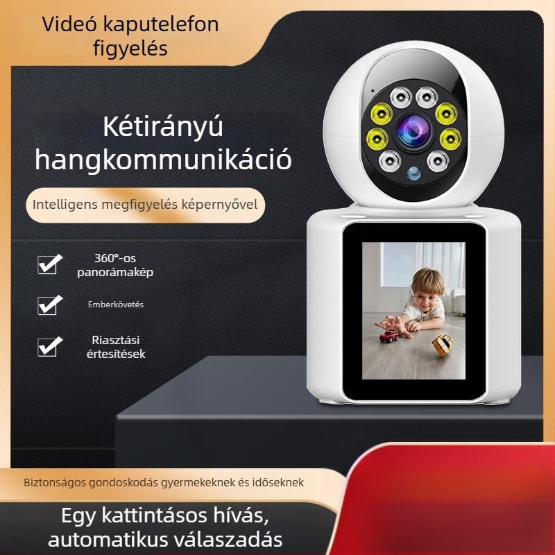Okos otthoni megfigyelő kamera 360° panorámával, vezeték nélküli Wi‑Fi, távoli hozzáférés és beépített kijelző az egy érintéses videohívásokhoz
