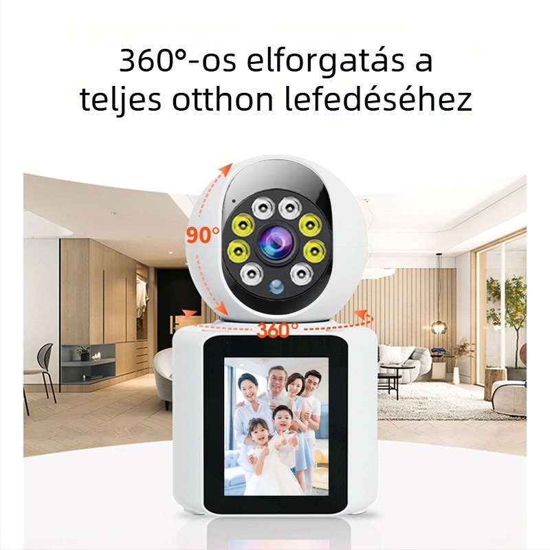 Okos otthoni megfigyelő kamera 360° panorámával, vezeték nélküli Wi‑Fi, távoli hozzáférés és beépített kijelző az egy érintéses videohívásokhoz