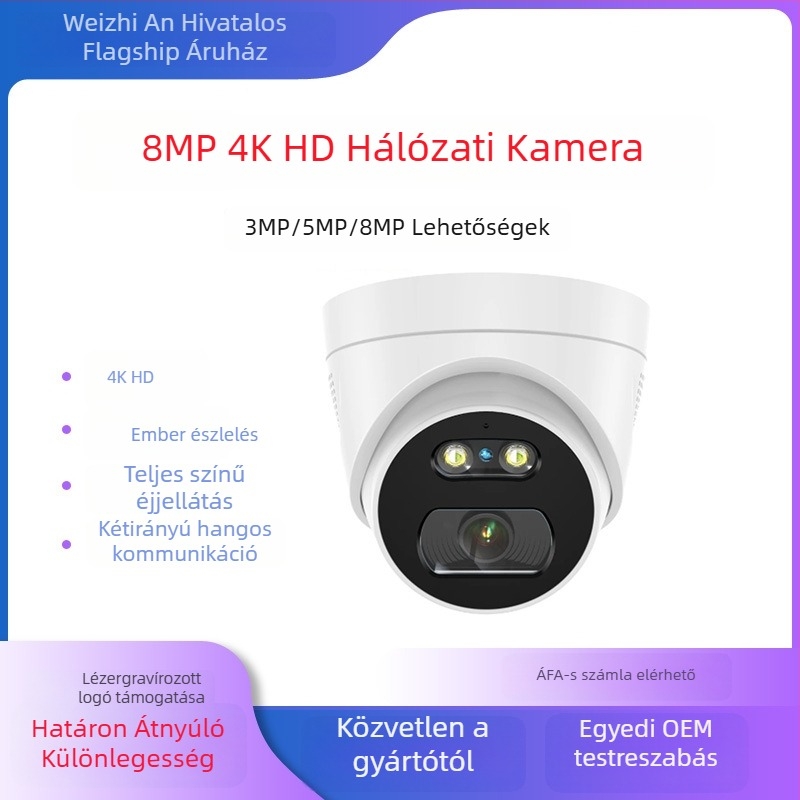 Hálózati kamera, 3MP/2K felbontás, 4 mm objektív, éjszakai látás 15 m-ig, POE és 12V tápegység támogatása, beltéri használatra