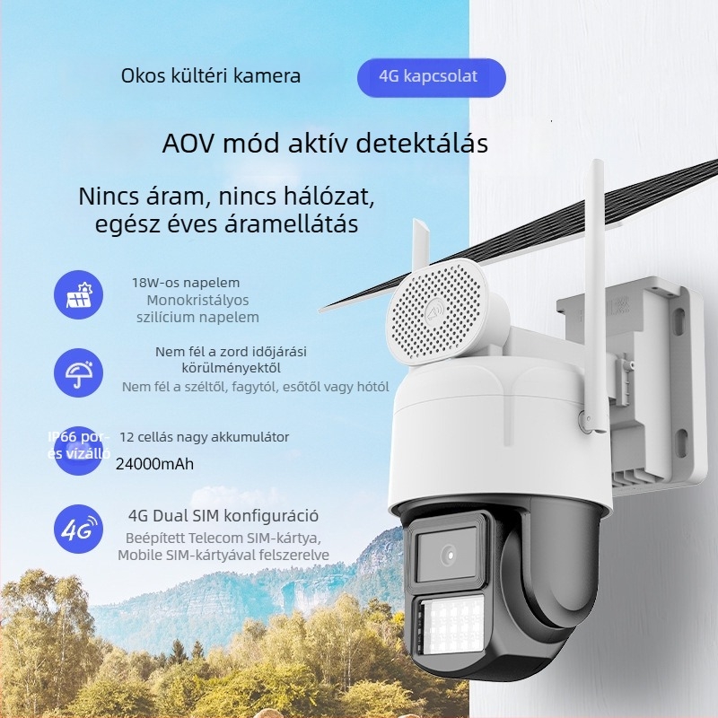 AOV 4G napelemes megfigyelő kamera élettartam adatforgalommal, külső energia és Internet nélkül, 4MP teljes színű éjszakai látás fekete fény funkcióval