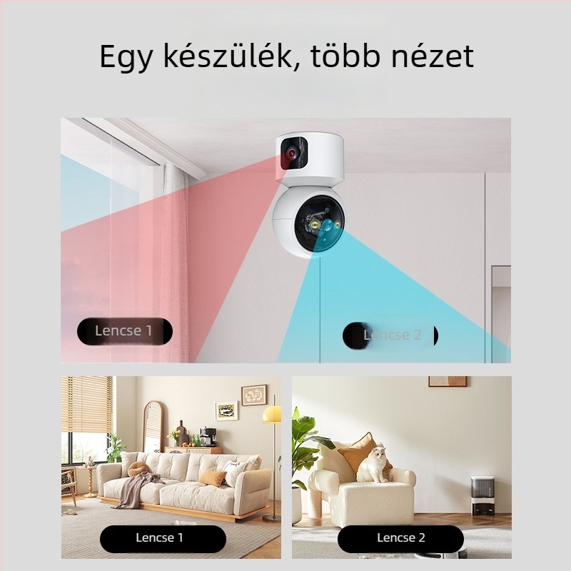 Left meter háztartási biztonsági kamera kettős lencsékkel, 360° lefedettség, távoli megfigyelés és éjszakai látás; 24 V, -20–50°C, ABS műanyag.