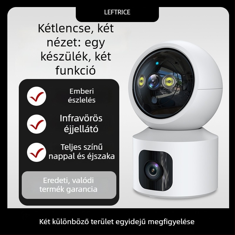 Left meter háztartási biztonsági kamera kettős lencsékkel, 360° lefedettség, távoli megfigyelés és éjszakai látás; 24 V, -20–50°C, ABS műanyag.