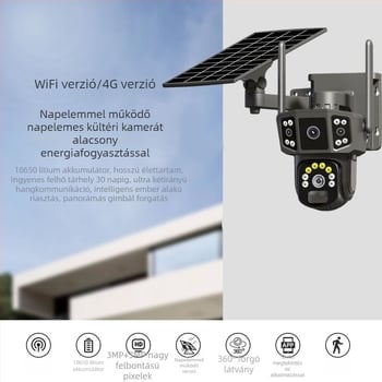 Háromlencsés napelemes vezeték nélküli kamera - 3MP HD éjjellátás, 4 mm objektív, IR 60 méterig, működési hőmérséklet -35°C–60°C