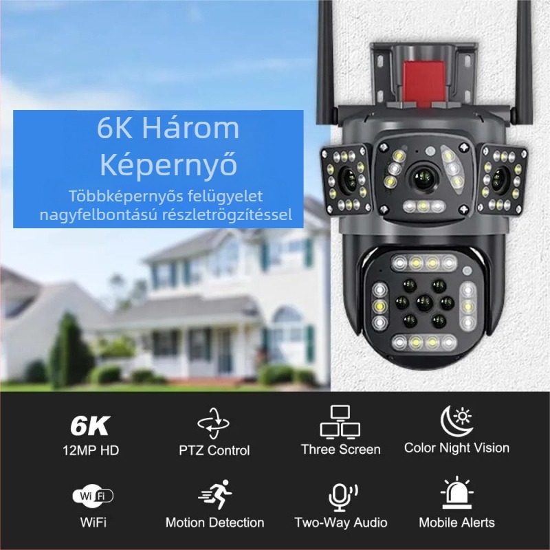 360° panorámás vezeték nélküli felügyeleti kamera kettős lencsével, kültéri vízálló, három látás összekapcsolásával