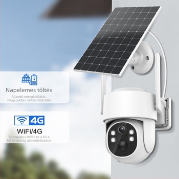 Kültéri 4G-s napelemes PTZ CCTV IP kamera, 0.001 lux minimális megvilágítás, 48 dB SNR, -20–55°C működési hőmérséklet, 5V tápegység