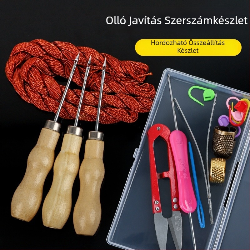 Kézzel készített cipőjavító készlet horoggal, szúróeszközzel és horgolótűvel, kiegészítőket tartalmazó dobozban