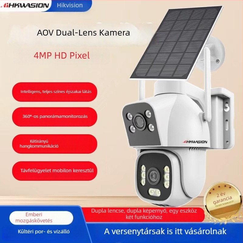 AIHKWASION Kültéri vízálló megfigyelő kamera, 4MP HD, kettős objektív, napelemes, AI kamera