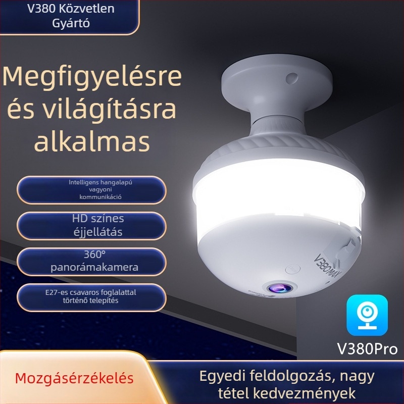 V380 panorámás fisheye kamera-LED lámpa, vezeték nélküli Wi‑Fi, távoli mobilos vezérlés, kettős LED éjjellátás, HD megfigyelés