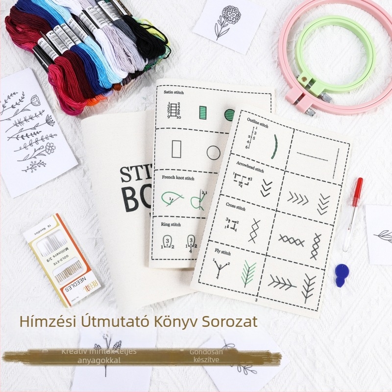 Kezdőknek szánt hímzőkészlet – műanyag hímzőhurok, több mintázat hímzés, kezdő oktatóanyag, minimalist stílus, termékkód: cxd005, doboz mennyiség: 5000 db, tömeg 7,1 g