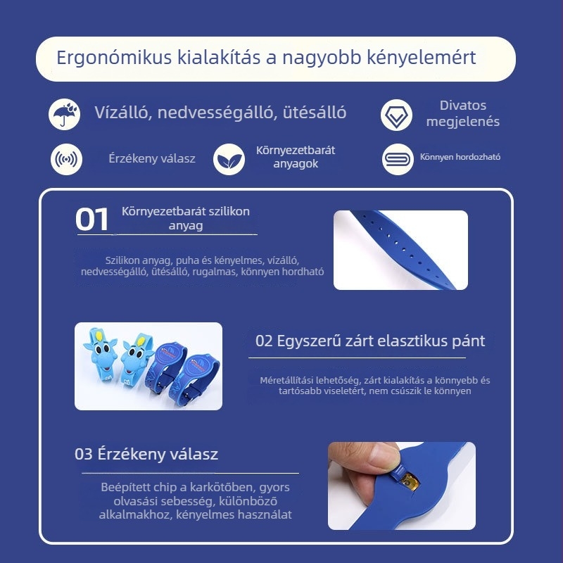 NFC beléptető karkötő logónyomtatási lehetőséggel, Read-Write chip, 1024B tárolás, HF RFID, szilikon burkolat, passzív kártya