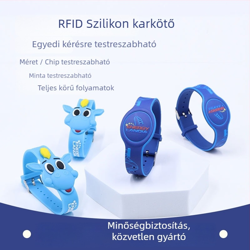 NFC beléptető karkötő logónyomtatási lehetőséggel, Read-Write chip, 1024B tárolás, HF RFID, szilikon burkolat, passzív kártya