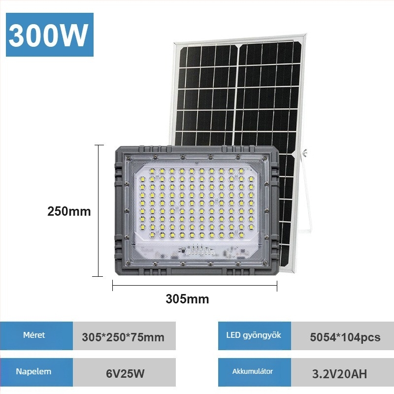 Nagy teljesítményű napelemes kertvilágítás, IP65 vízálló, fényvezérlés, 100 W, 6 V, 6–12 órás üzemidő