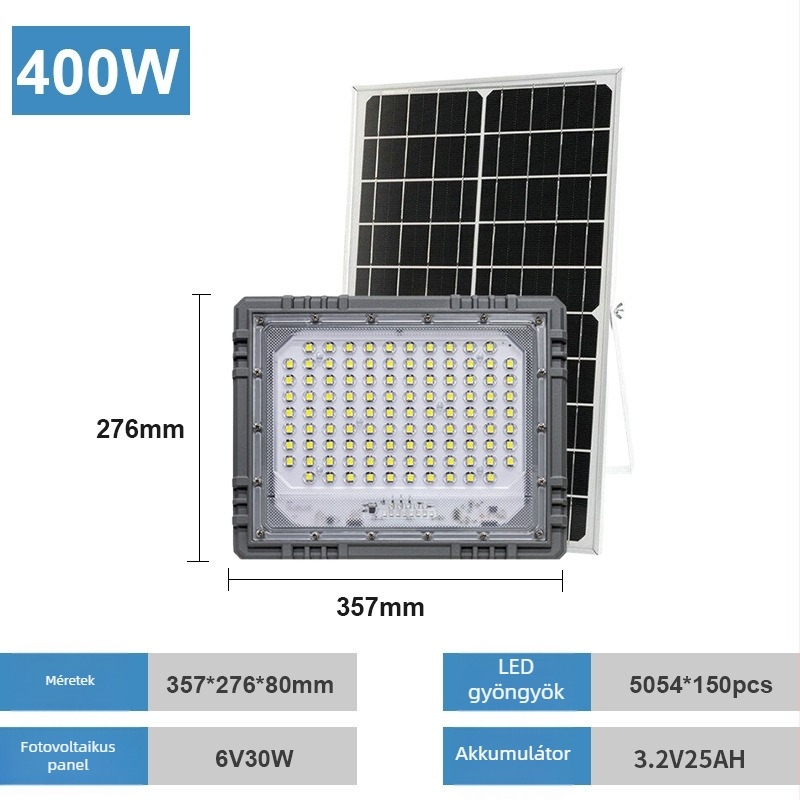 Nagy teljesítményű napelemes kertvilágítás, IP65 vízálló, fényvezérlés, 100 W, 6 V, 6–12 órás üzemidő