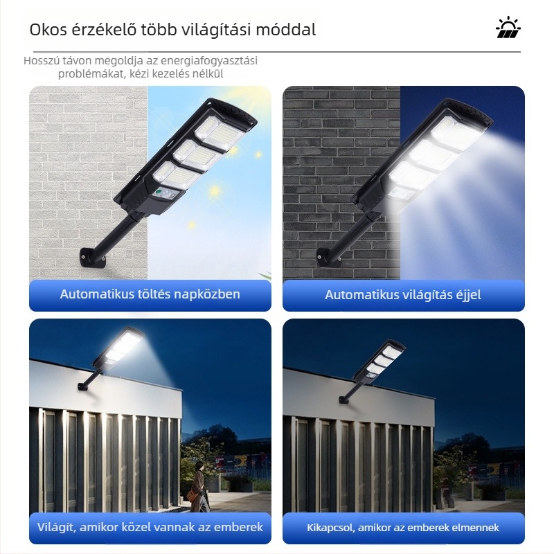 Napelemes utcai lámpa LED fényforrással, IP65 vízálló, névleges teljesítmény 300, feszültség 3,2V, induktív kapcsoló