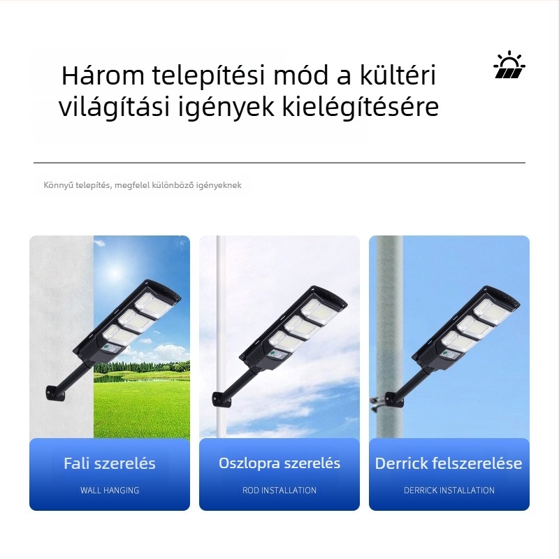 Napelemes utcai lámpa LED fényforrással, IP65 vízálló, névleges teljesítmény 300, feszültség 3,2V, induktív kapcsoló
