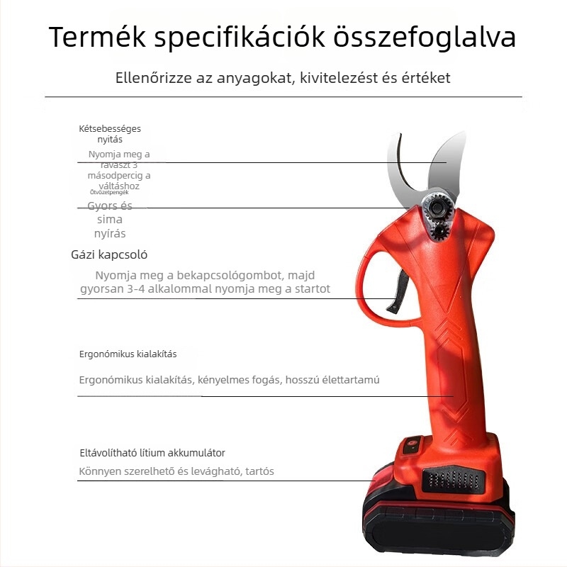 Újratölthető lítium akkumulátoros metszoolló, 21V, 16,8–21V tartományban, ágakhoz