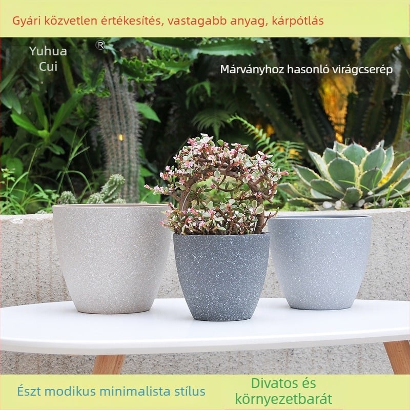 Virágcserép PP műanyagból, márvány imitációval, asztali vagy padlóra való használatra; injekciós öntéssel készített, tartós