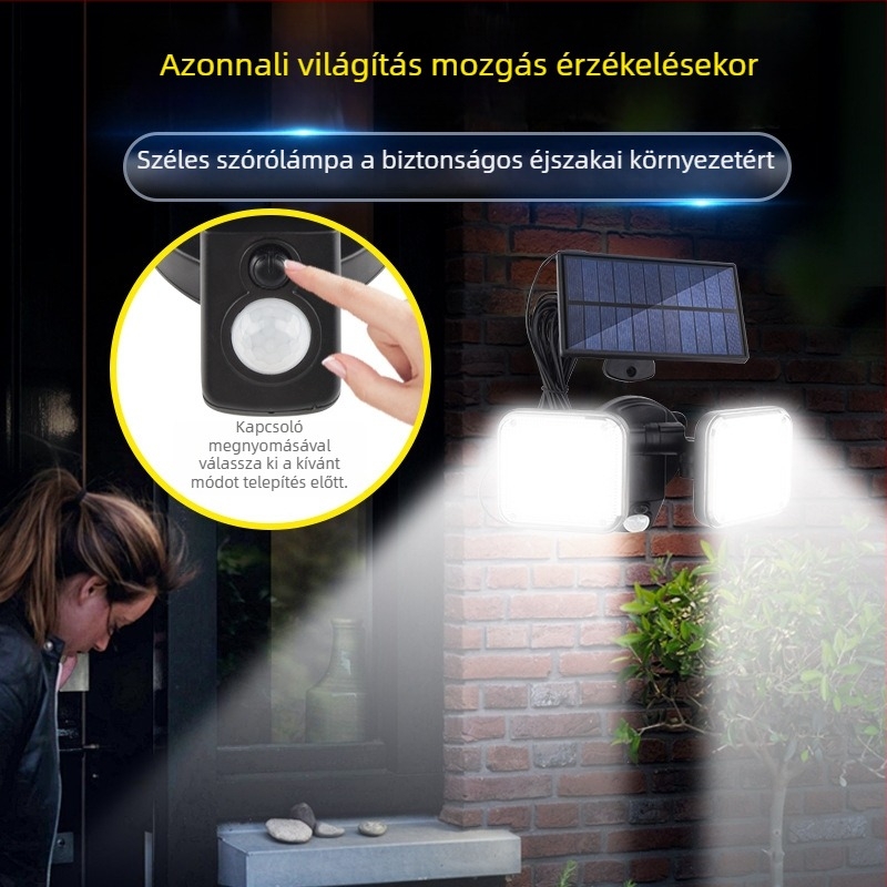 LED osztott típusú napelemes lámpa mozgásérzékelővel, kültéri falivilág kerthez, 5W, 3.7V, 6–12 óra világítás