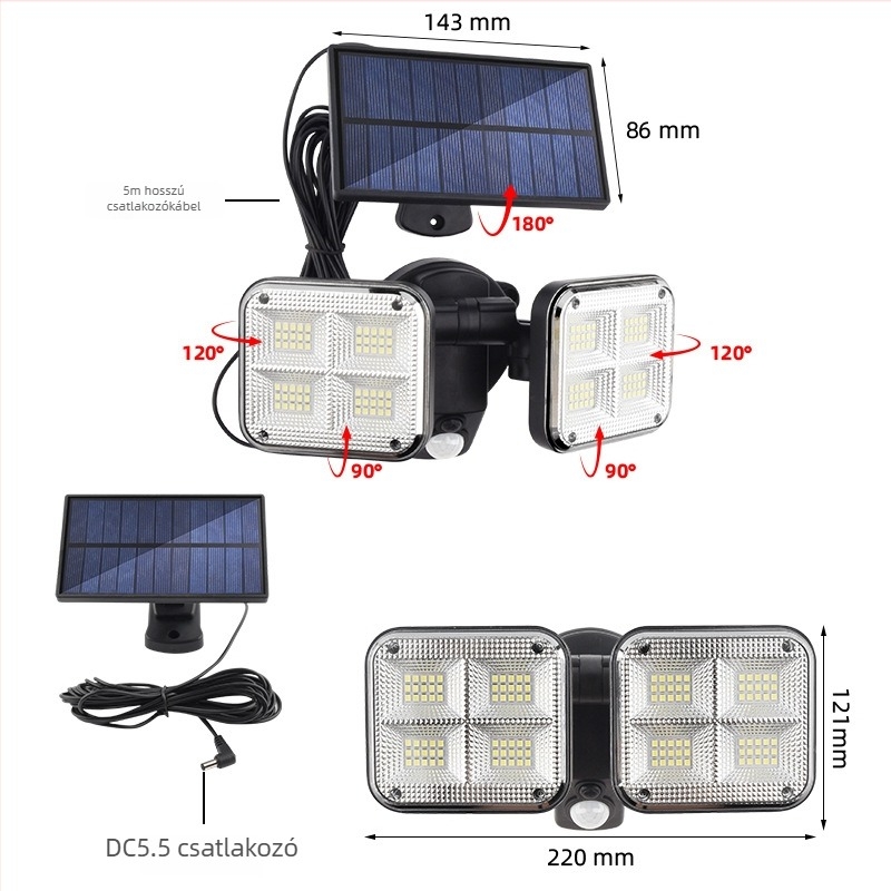 LED osztott típusú napelemes lámpa mozgásérzékelővel, kültéri falivilág kerthez, 5W, 3.7V, 6–12 óra világítás